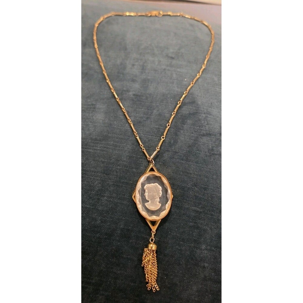Vintage Reed Barton Glass Cameo Intaglio Tassel Pendant Necklace Gold Tone W Box